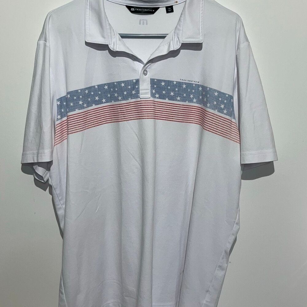 Travis‎ Mathew Men's White USA Flag Print Short Sleeve Polo Shirt Size XXL
